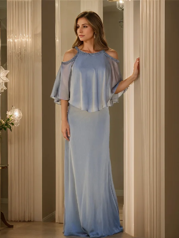 Sheath/Column Cowl Neck Half Sleeves Mother Of The Bride Dresses with Ruffles & Beadings Sheath/Column Cowl Neck Half Sleeves Mother Of The Bride Dresses with Ruffles & Beadings