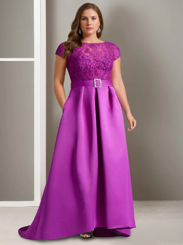 A-Line/Princess Scoop Short Sleeves Asymmetrical Plus Size Mother of the Bride Dresses with Appliques A-Line/Princess Scoop Short Sleeves Asymmetrical Plus Size Mother of the Bride Dresses with Appliques