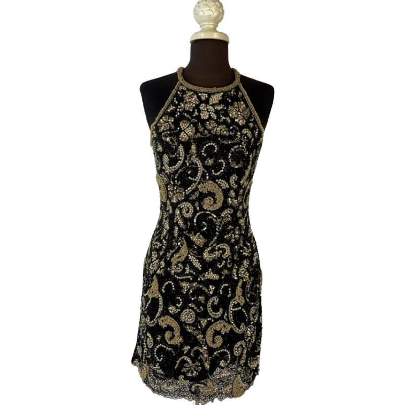 SHERRI HILL Style #53171 Black/Gold High Neckline Open Back Beaded Cocktail Dress Size 4 NWT