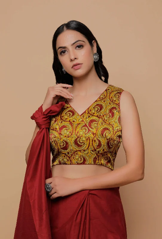 Yellow Printed Mashru Sleevless Blouse Loose Oversized Blouse