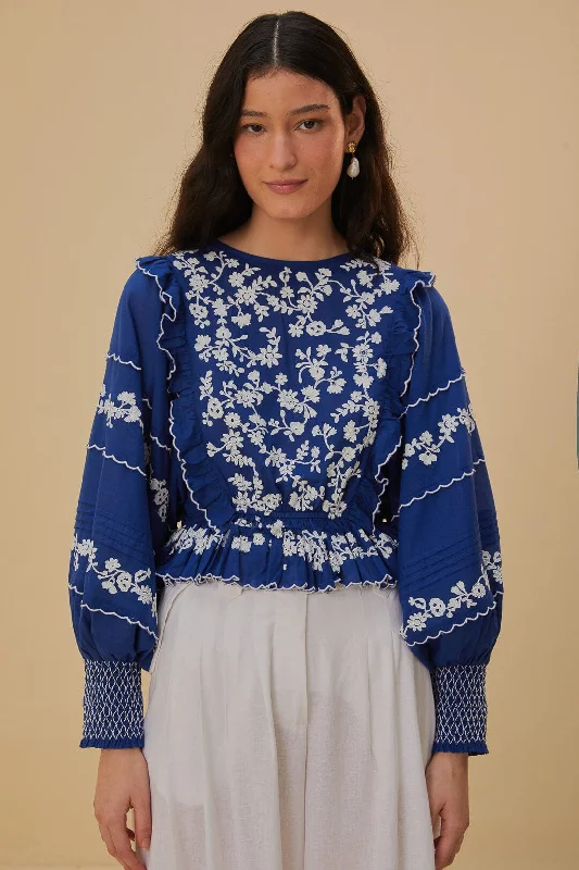 Navy Blue Embroidered Long Sleeve Blouse Casual Relaxed Fit Blouse
