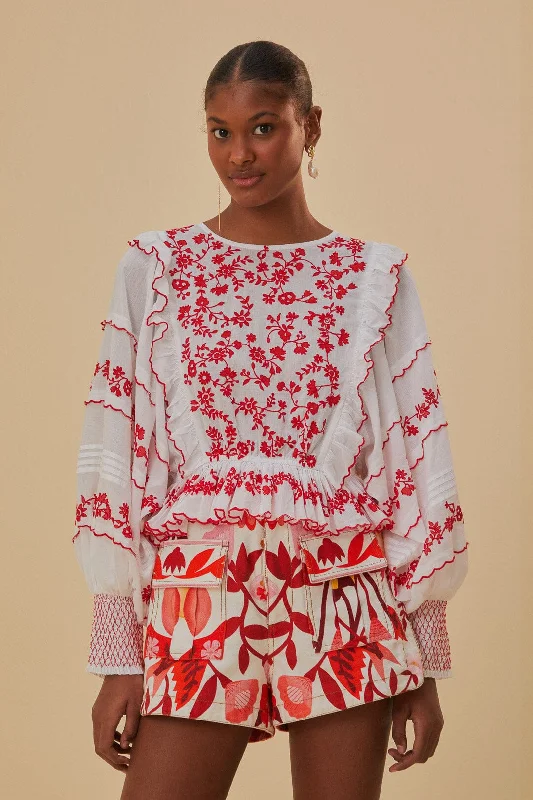 Off-White and Red Embroidered Long Sleeve Blouse Elegant Semi-Sheer Blouse
