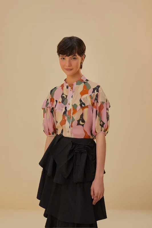 The Kiss Multicolor Short Sleeve Blouse Embellished Collar Blouse