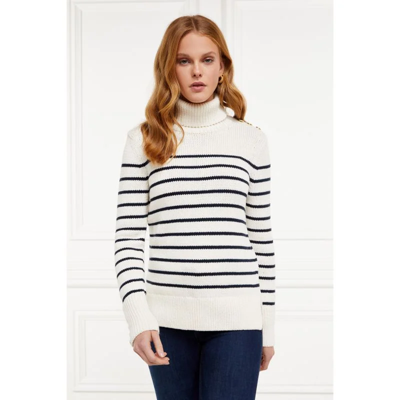 Holland Cooper Henley Striped Ladies Roll Neck Jumper - Natural/Ink Navy Spandex Blend Rayon Blend Denim Blend Holland Cooper Henley Striped Ladies Roll Neck Jumper - Natural/Ink Navy Spandex Blend Rayon Blend Denim Blend