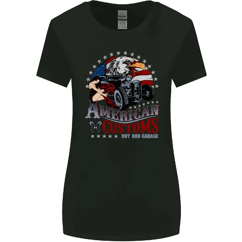American Customs Hot Rod Garage USA Womens Wider Cut T-Shirt Satin Fabric Silk Fabric Chiffon Fabric American Customs Hot Rod Garage USA Womens Wider Cut T-Shirt Satin Fabric Silk Fabric Chiffon Fabric