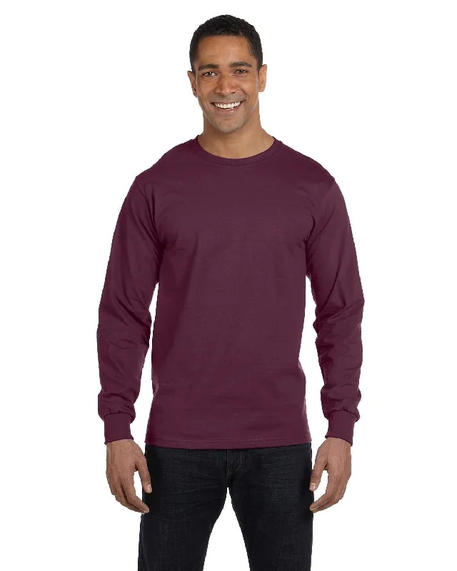 Hanes Long Sleeve Beefy-T T-Shirt | Maroon Notch Collar Peter Pan Collar Cowl Neck
