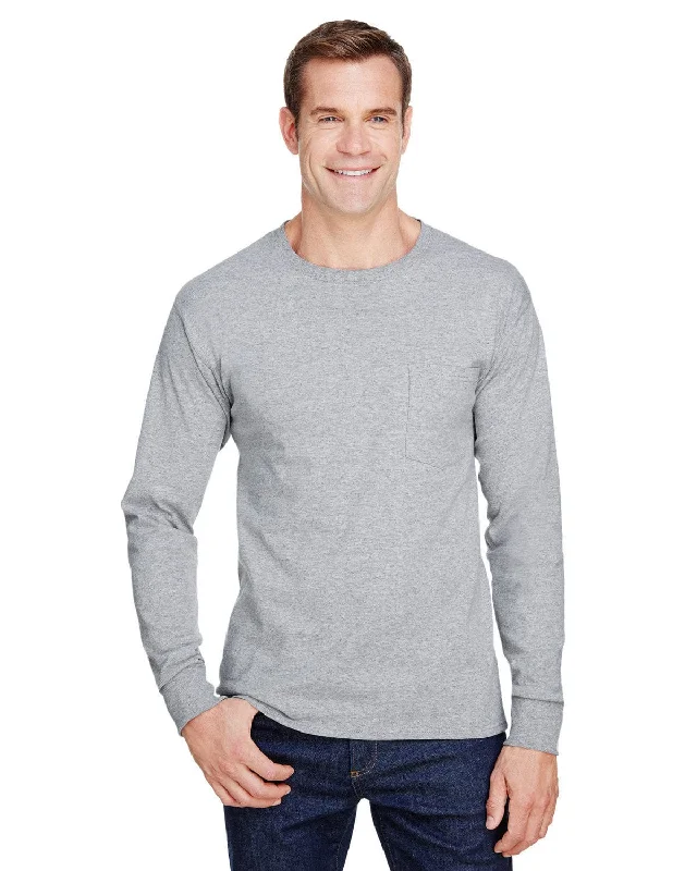 Hanes Workwear Long Sleeve Pocket T-Shirt | Light Steel Anti-Pilling Machine Wash Handmade