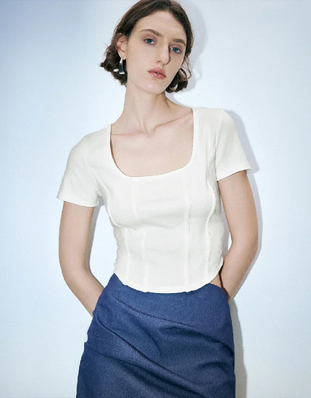 Square-cut Collar Skinny T-Shirt Embroidered Appliqued Beaded