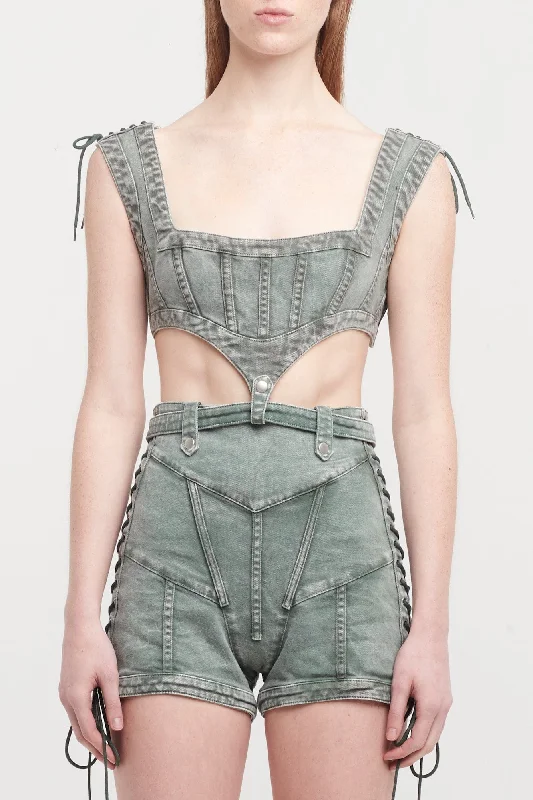 Jean Paul Gaultier X KNWLS Washed Laced Cropped Top Sleeveless and Band Details Fashionable Straight Fit Denim Jean Paul Gaultier X KNWLS Washed Laced Cropped Top Sleeveless and Band Details Fashionable Straight Fit Denim