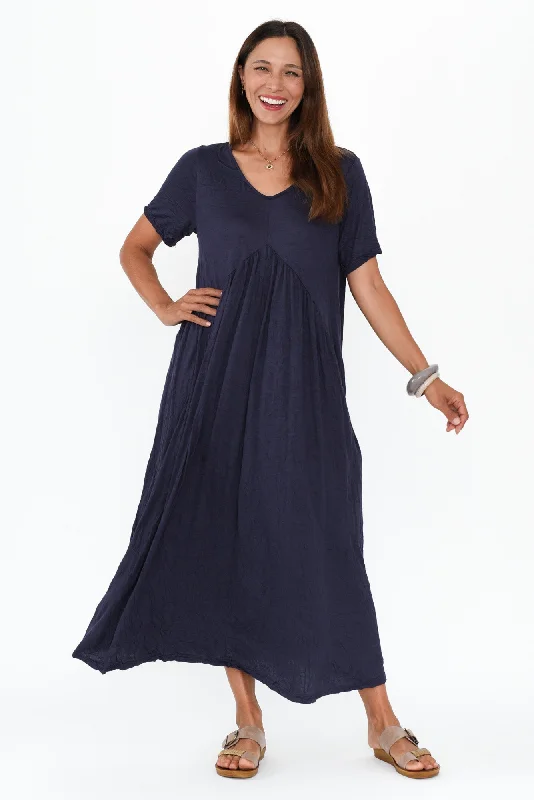 Savannah Dark Navy Crinkle Cotton Maxi Dress Comfortable Cotton Maxi Dress