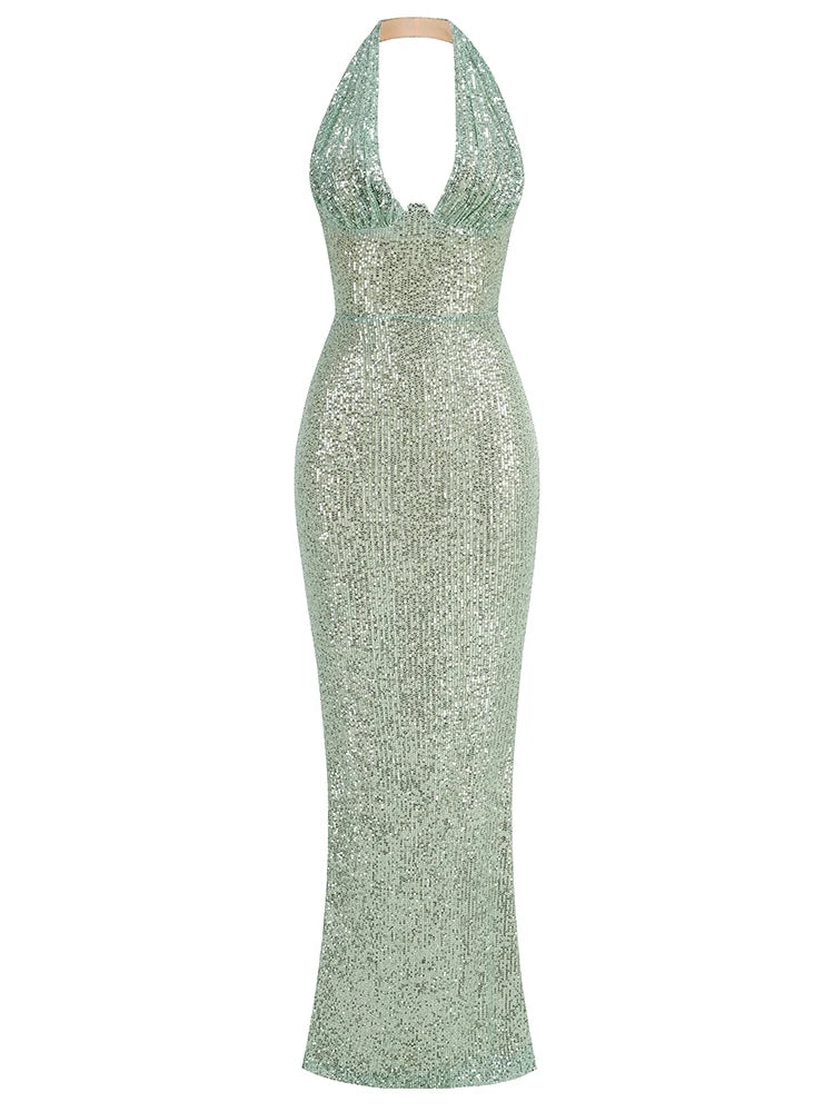 A&A Luxe Halter Deep V Neck Sequins Maxi Dress Classic A-Line Maxi Dress