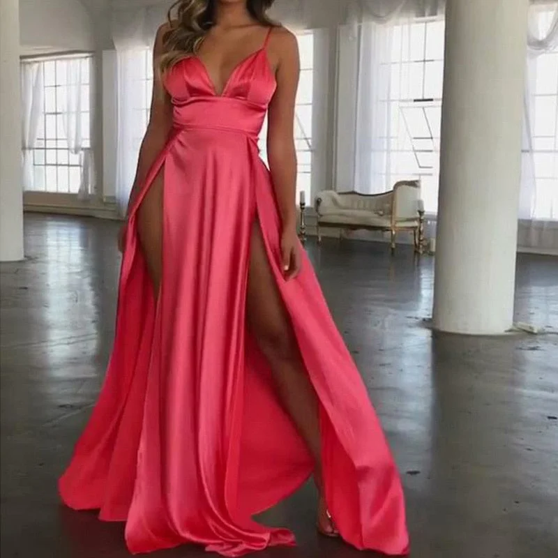BerriesJam - 2024 Sexy Spaghetti Strap V-neck Satin Maxi Dress Fashionable Asymmetrical Maxi Dress BerriesJam - 2024 Sexy Spaghetti Strap V-neck Satin Maxi Dress Fashionable Asymmetrical Maxi Dress