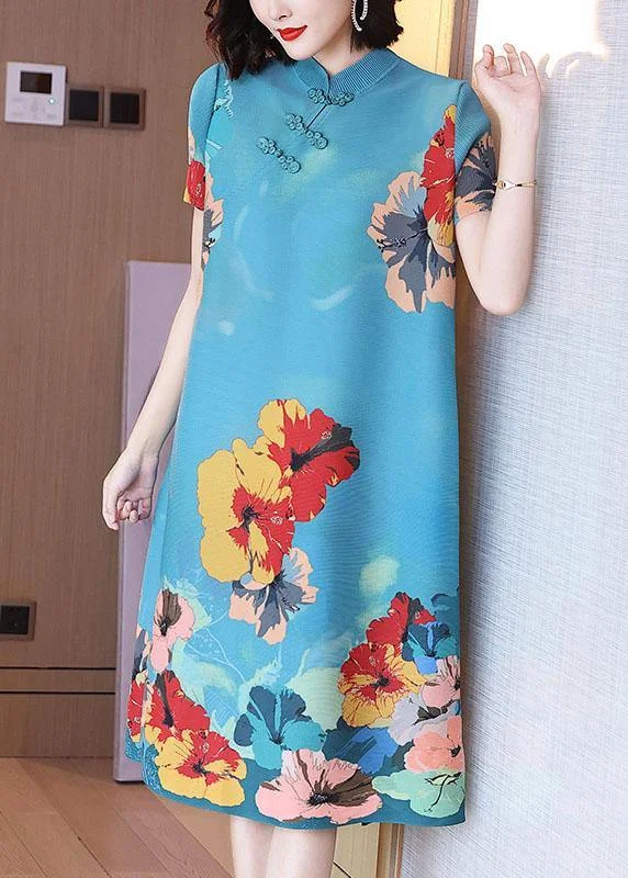 Unique Blue Print Floral Mandarin Collar Maxi Dresses Summer Stylish Maxi Dress with Pleats