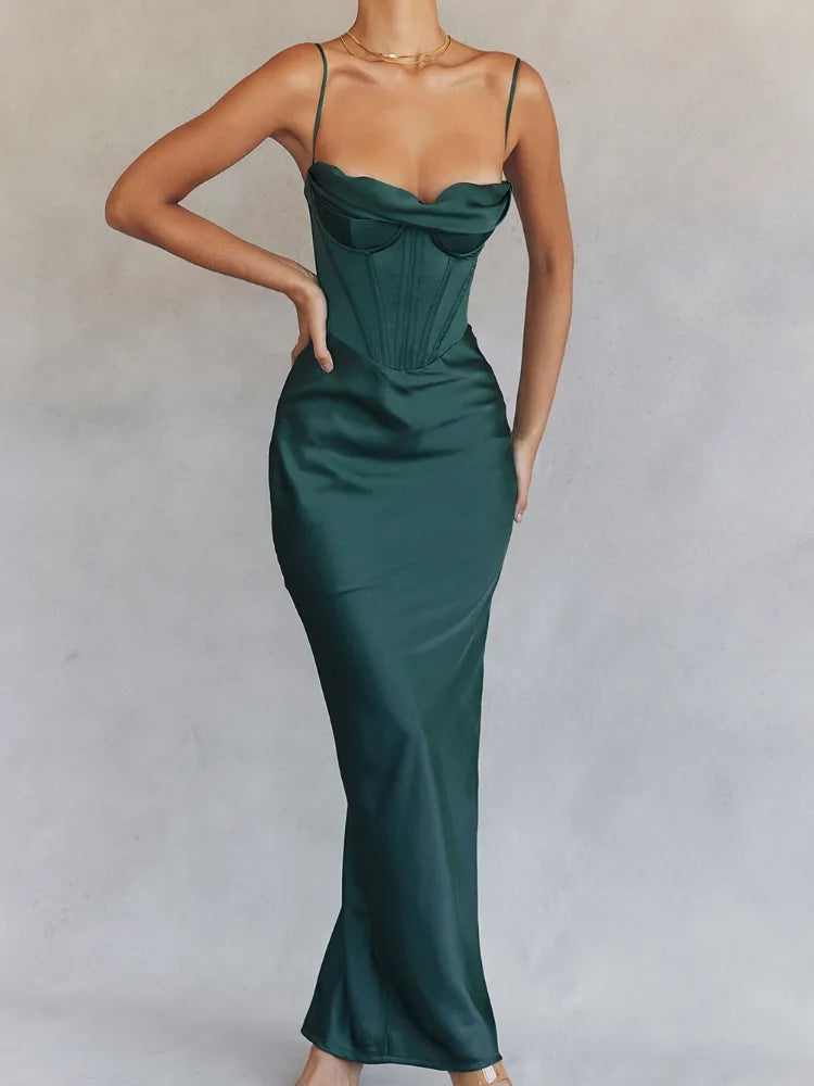 A&A Spaghetti Strap Satin Corset Maxi Dress Chic Off-Shoulder Maxi Dress