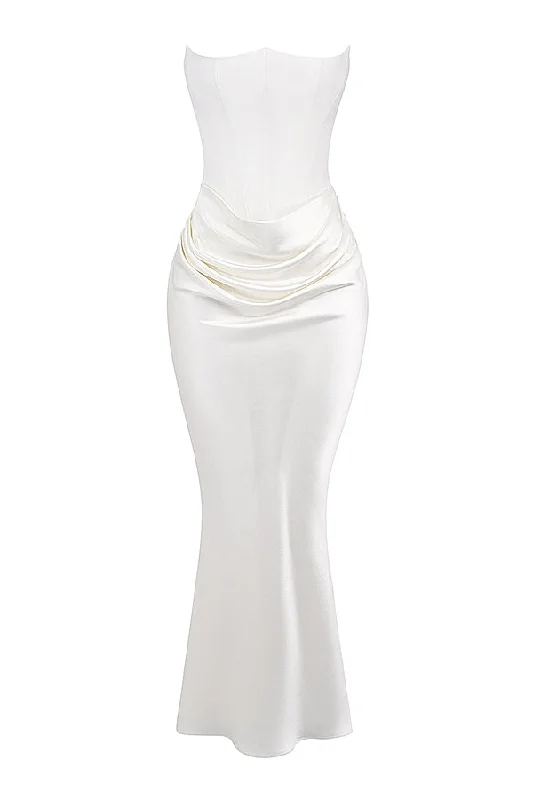 A&A Luxe Satin White Draped Maxi Dress Fashionable Off-Shoulder Maxi Dress