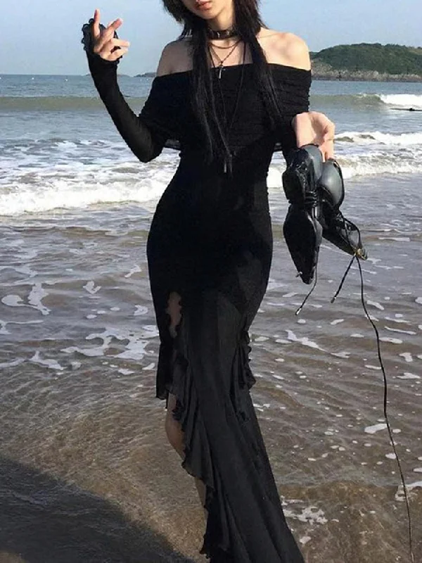 Elegant Fashion Dark Ruffles Split Long Dress Gothic Slash Neck Long Sleeve Maxi Dresses For Women Holiday Beach Trendy V-Neck Maxi Dress Elegant Fashion Dark Ruffles Split Long Dress Gothic Slash Neck Long Sleeve Maxi Dresses For Women Holiday Beach Trendy V-Neck Maxi Dress
