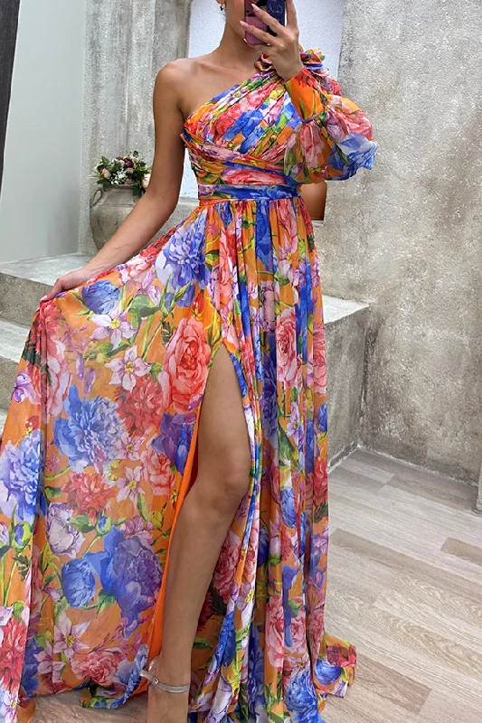 Let's Elope Floral Print Pleated One Shoulder Sleeve Slit Maxi Dress Cozy Maxi Dress with Slit Let's Elope Floral Print Pleated One Shoulder Sleeve Slit Maxi Dress Cozy Maxi Dress with Slit