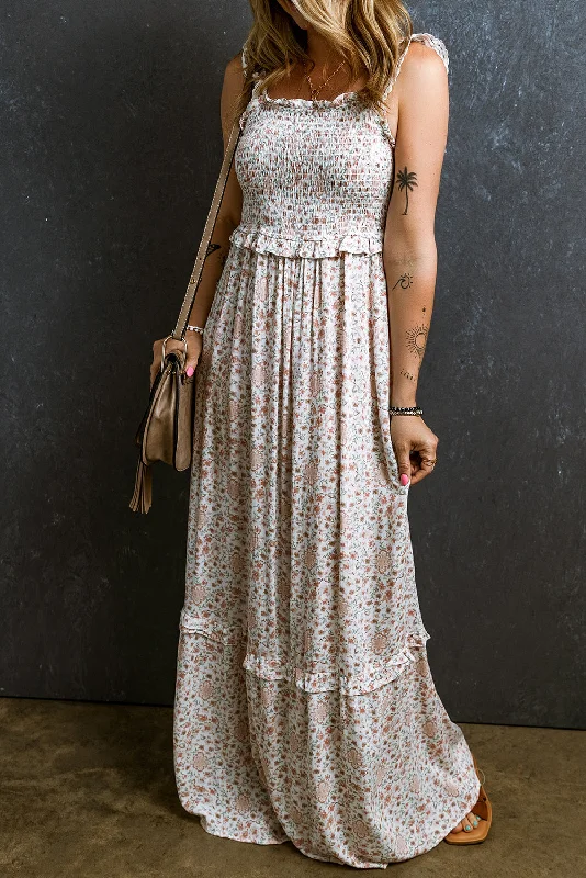 Blue Zone Planet | White Lace Frilly Straps Shirred Floral Maxi Dress Cozy Cold-Shoulder Maxi Dress Blue Zone Planet | White Lace Frilly Straps Shirred Floral Maxi Dress Cozy Cold-Shoulder Maxi Dress