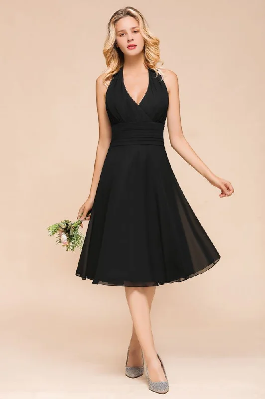 Graceful Black Halter Mini Dress Chiffon Knee Length Dress Classic Floral Print Mini Dress