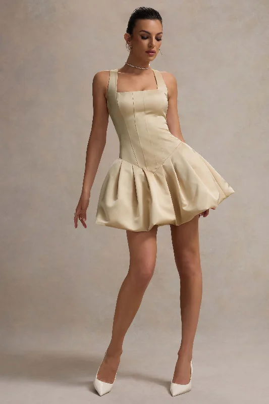 Bramble | Ivory Satin Square-Neck Puffball Mini Dress Stylish Sweetheart Neck Mini Dress