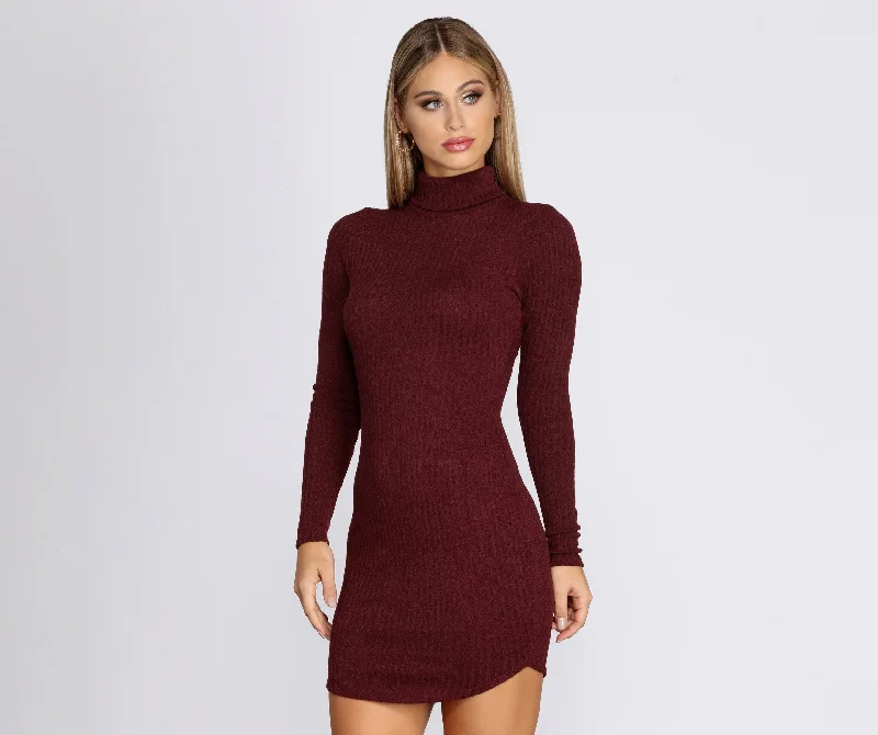 Turtleneck Long Sleeve Charming Ribbed Knit Mini Dress Fashionable A-Line Mini Dress