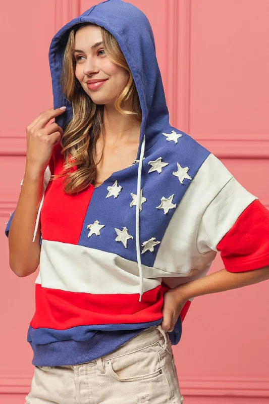 BiBi American Flag Theme Hoodie Hoodie with Hem Fringe Bohemian Relaxed