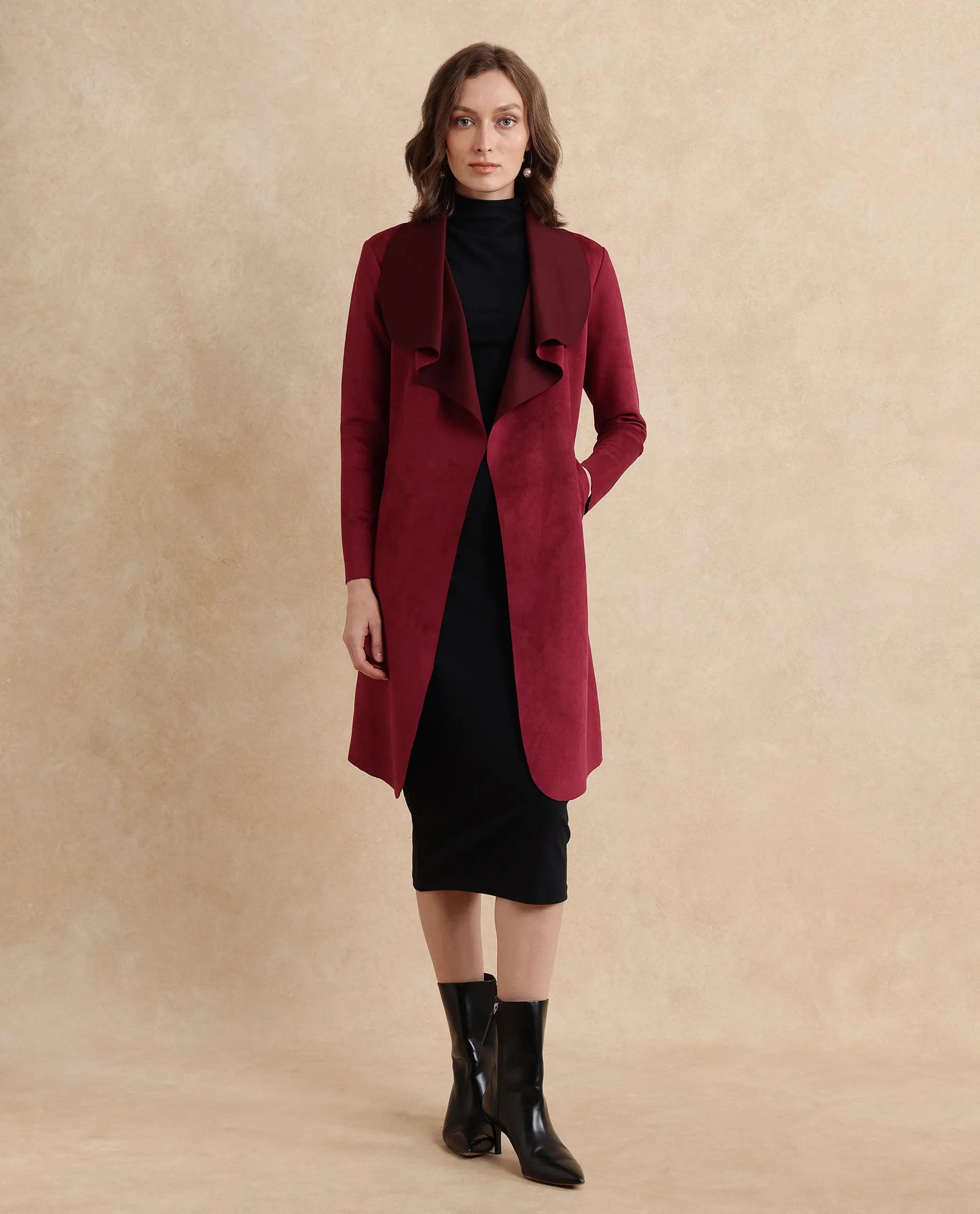 Rareism Women Palmer 2 Maroon Suede Full Sleeve Waterfall Neck Boxy Fit Midi Plain Jacket Striped Jacket Polka Dot Jacket Floral Jacket Rareism Women Palmer 2 Maroon Suede Full Sleeve Waterfall Neck Boxy Fit Midi Plain Jacket Striped Jacket Polka Dot Jacket Floral Jacket