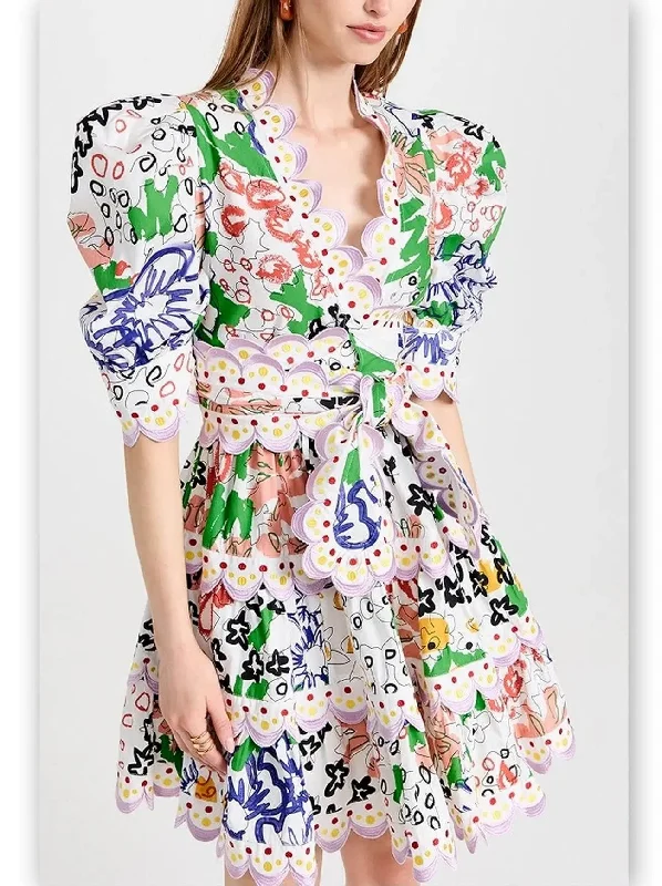 Tiered Scalloped Puff-Sleeve Multicolor Floral-Printed Mini Dress Stylish Ruffle Mini Dress Tiered Scalloped Puff-Sleeve Multicolor Floral-Printed Mini Dress Stylish Ruffle Mini Dress