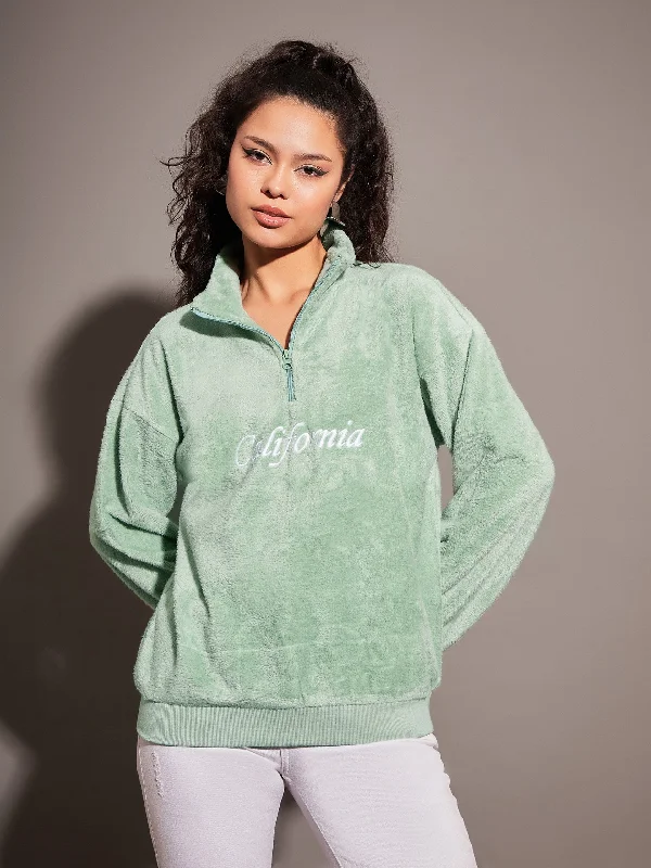 Women Green Fur CALIFORNIA Embroidered High Neck Sweatshirt Hoodie with Frayed Bohemian Relaxed Women Green Fur CALIFORNIA Embroidered High Neck Sweatshirt Hoodie with Frayed Bohemian Relaxed